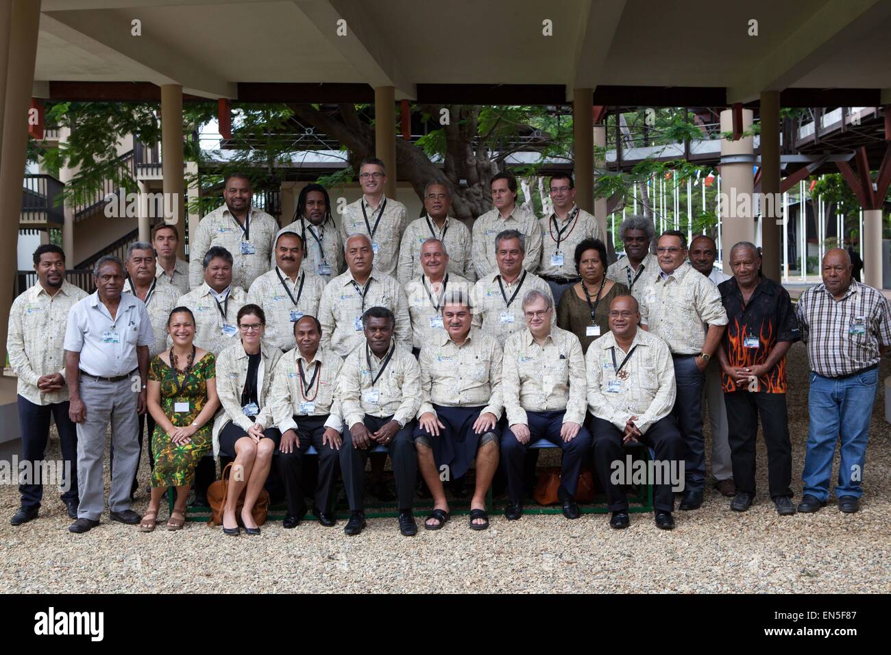 Noumea, New Caledonia. 28th April, 2015. Oceania 21, Meetings, third edition of the Oceanian summit on sustainable development, representatives of 17 South Pacific countries, 28, 29 and 30 April, climate change, roundable in the wake of Cyclone PAM in the Pacific, (center from left nr.6) Vanuatu climate change Minister James Bule Credit:  Ania Freindorf/Alamy Live News Stock Photo