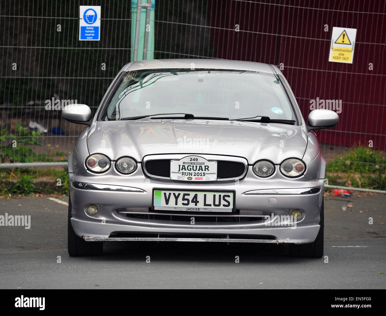The front of a silver Jaguar X-type parked on Madeira Drive at the end of the London to Brighton Jaguar Run. Stock Photo