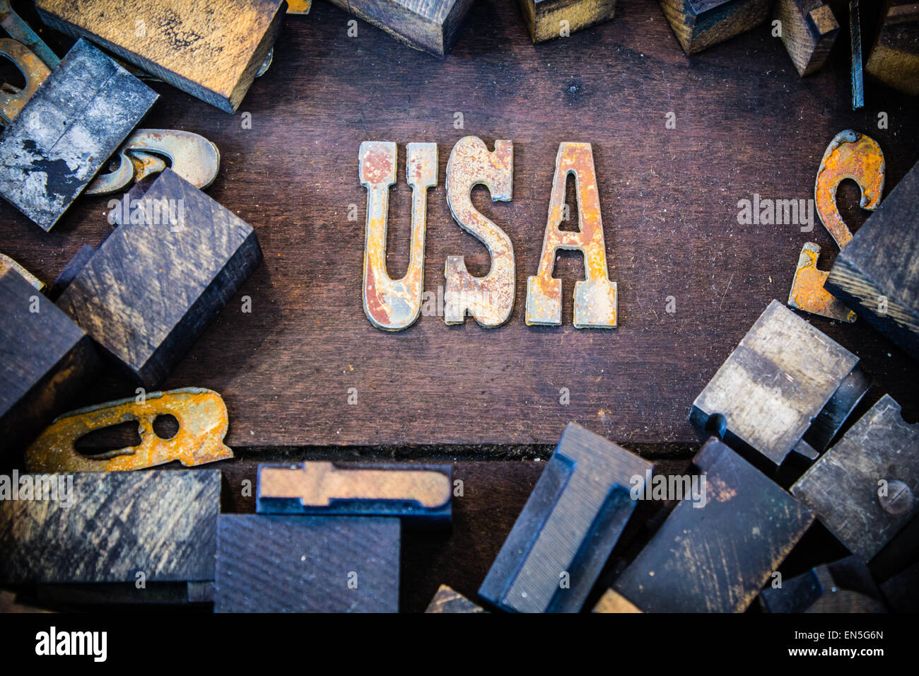 The letters USA written in rusted metal letters surrounded by vintage ...