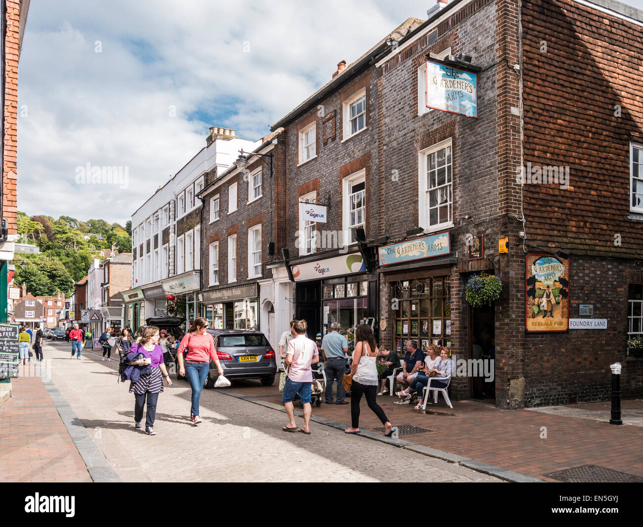 Cliffe High Street with the Gardeners Arms Public House, Lewes, East Sussex. Stock Photo