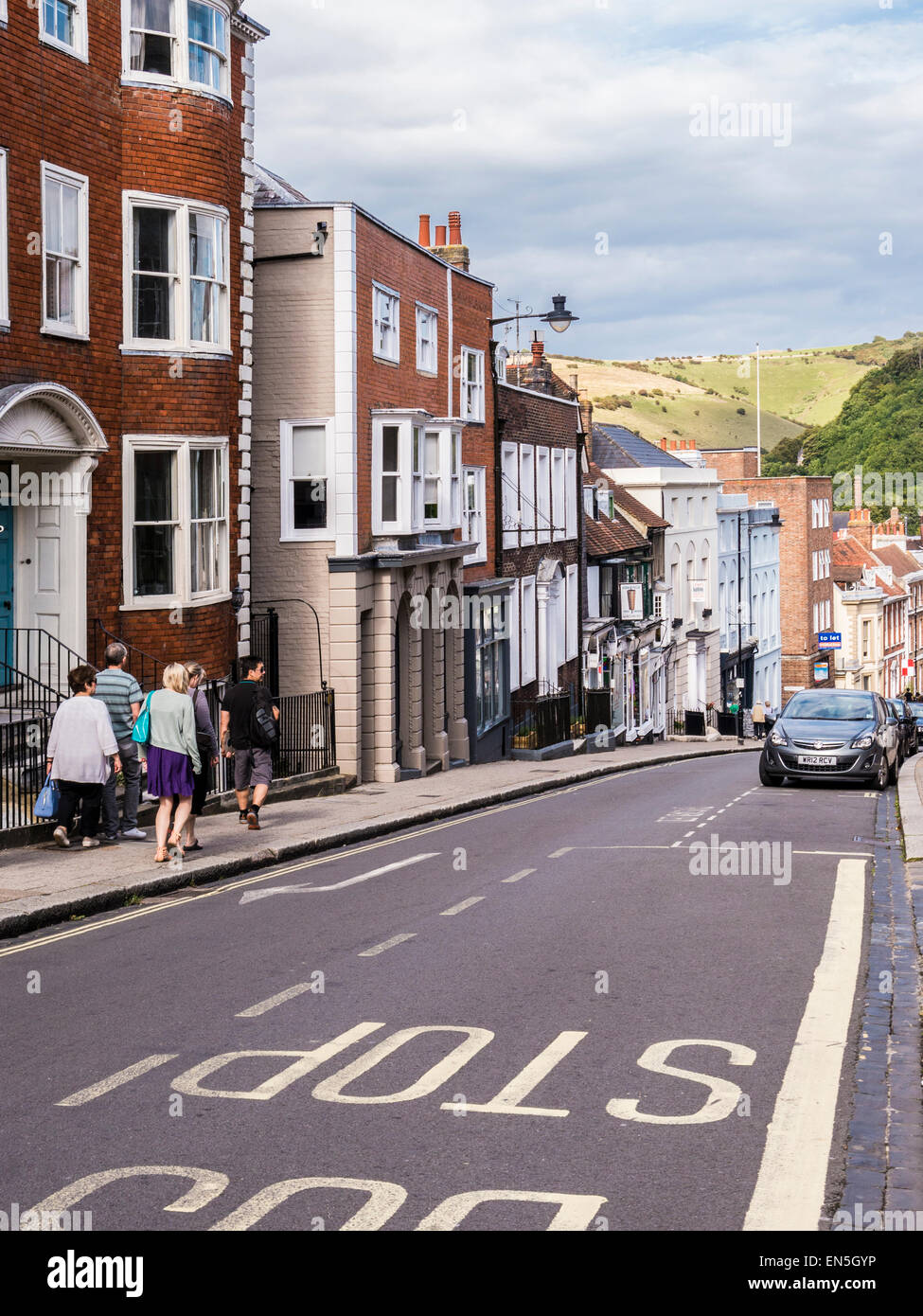 Part of the High Street  in Lewes leading towards the River Ouse & Cliffe High Street, Lewes, East Sussex. Stock Photo
