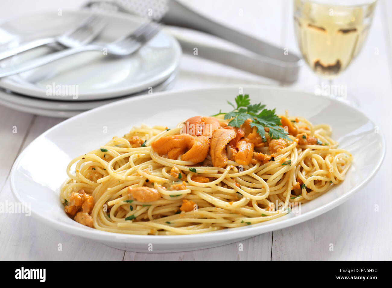 pasta with sea urchin roe, italian cuisine Stock Photo