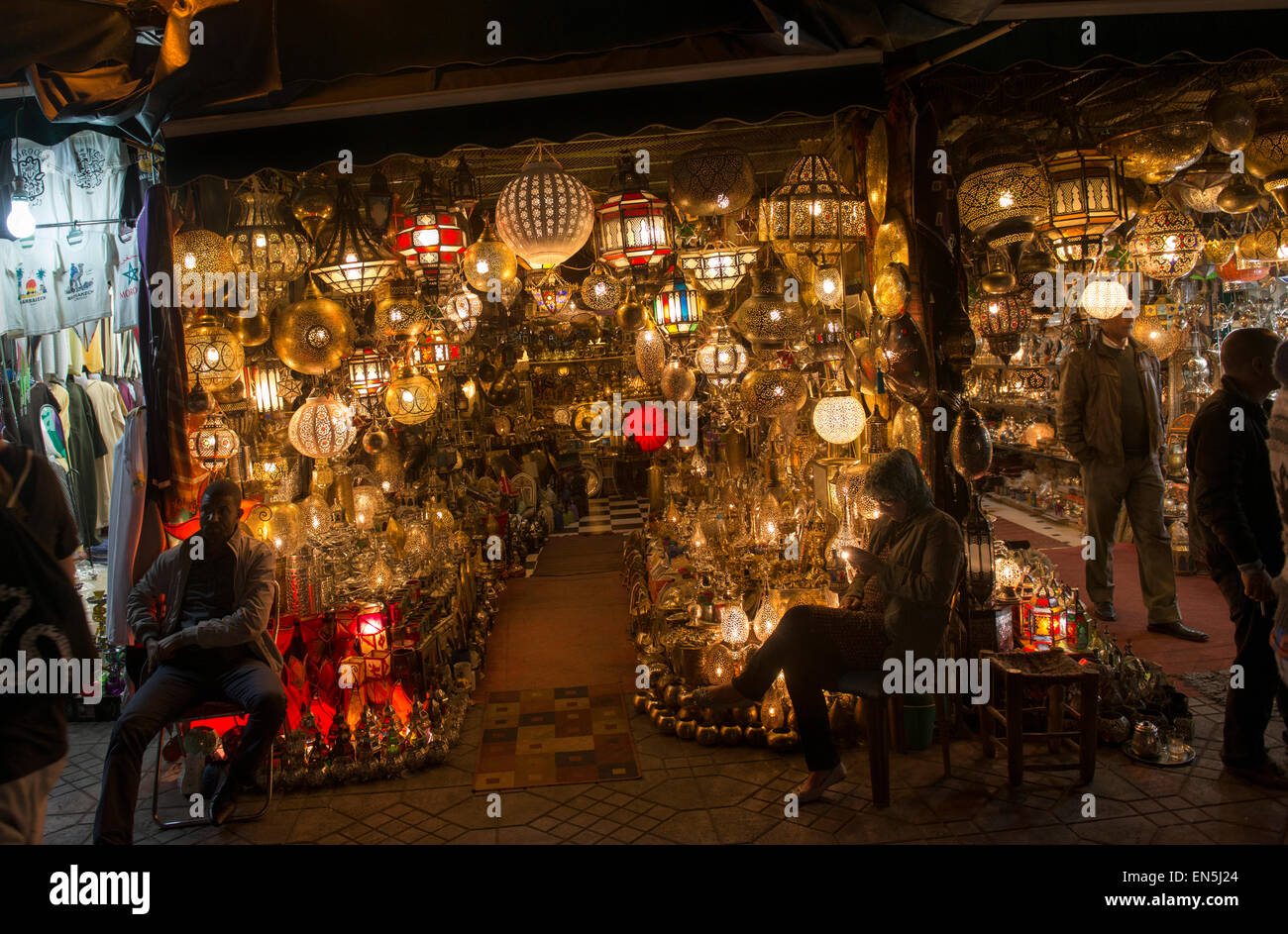 Souk, or market, Marrakech, Morroco.  Lantern shop at night. Stock Photo