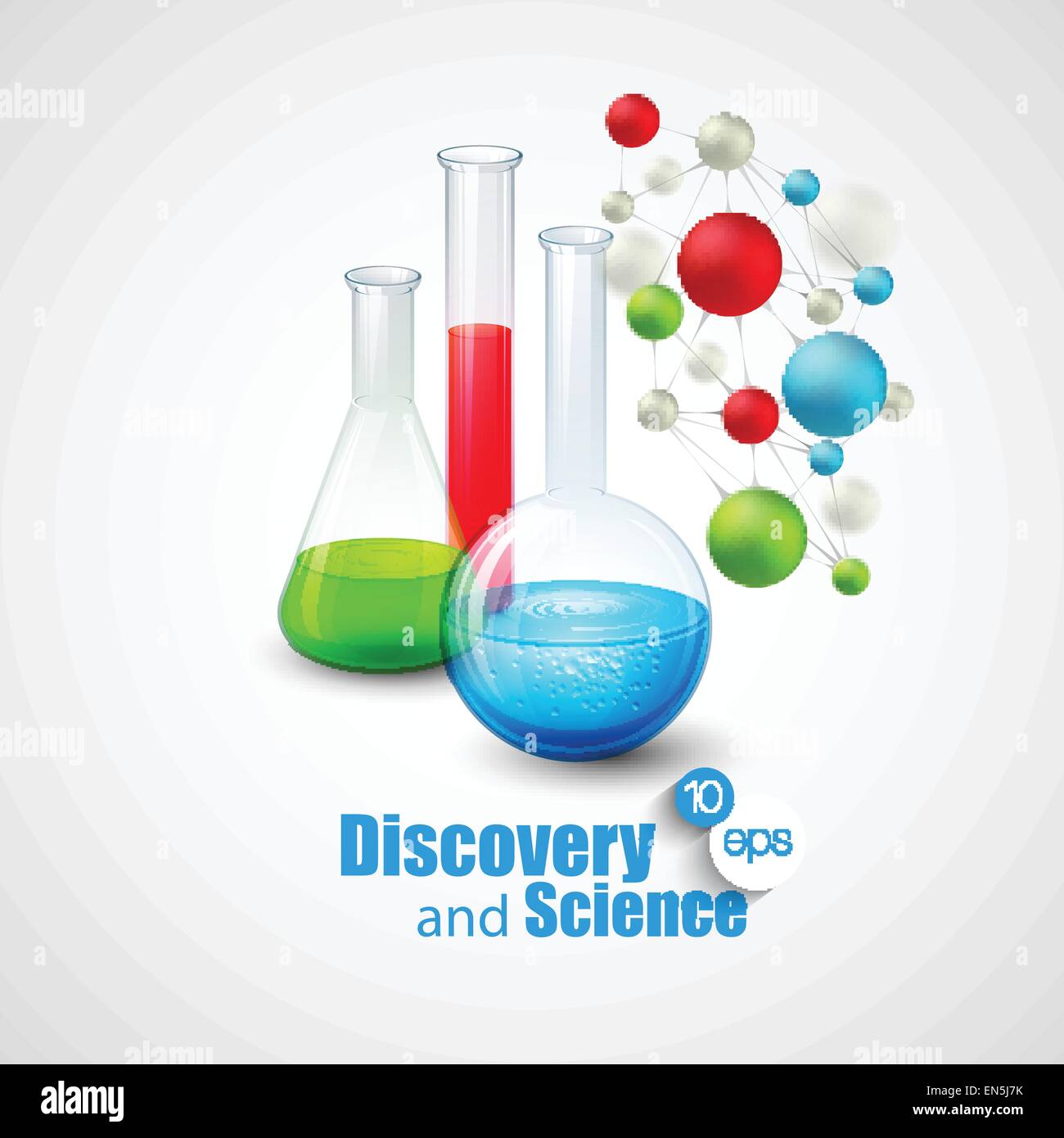 Chemical Science and discovery. Vector illustration. Molecule and flasks Stock Vector