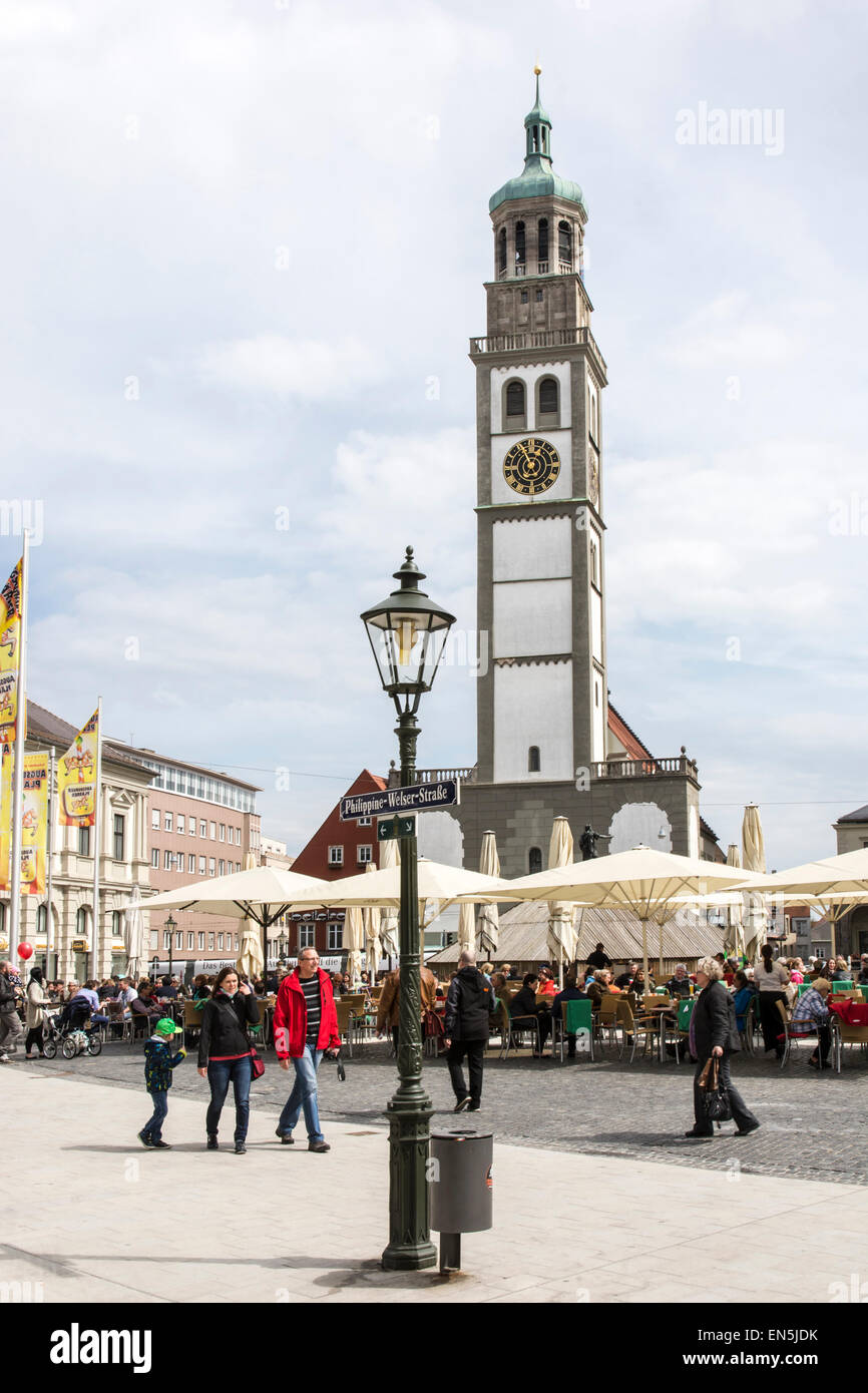 AUGSBURG, GERMANY - APRIL 11: Tourists at the Rathausplatz in Augsburg, Germany on April 11, 2015. Stock Photo