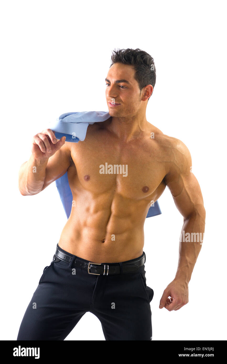 Muscular Shirtless Man Holding His Shirt On Shoulder Stock Photo - Alamy