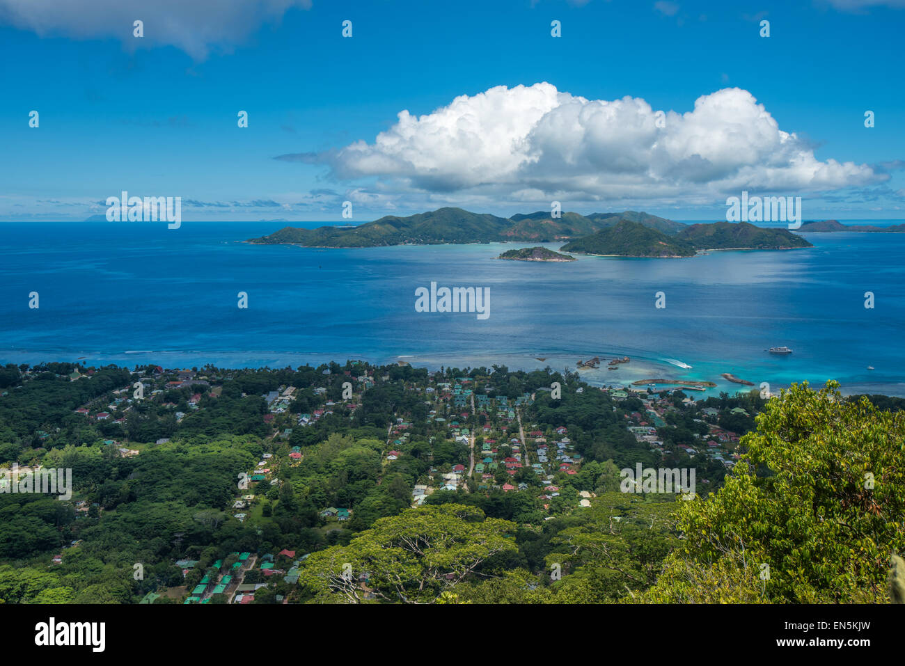 Panorama of La Digue island from Nid d’Aigle viewpoint, Seychelles Stock Photo
