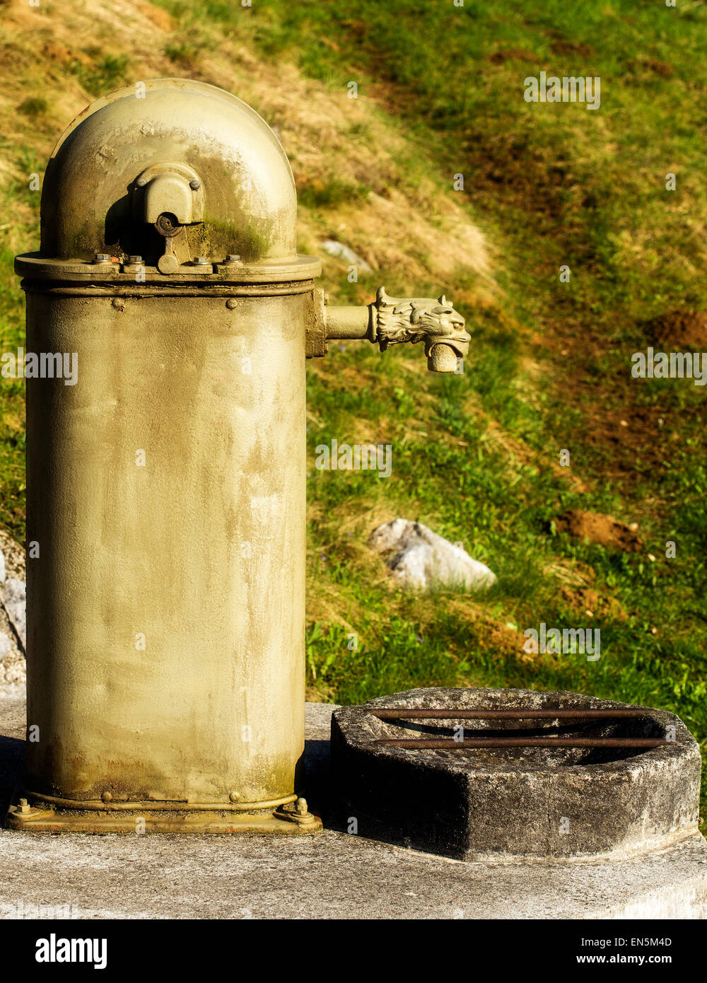 Old water tap with a dragon head. Stock Photo