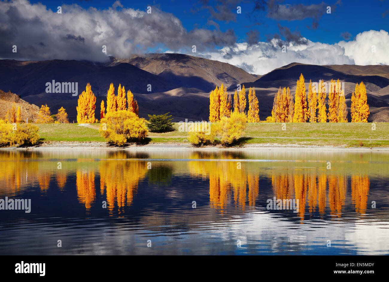Mountain landscape in autumn colors, Lake Benmore, New Zealand Stock Photo