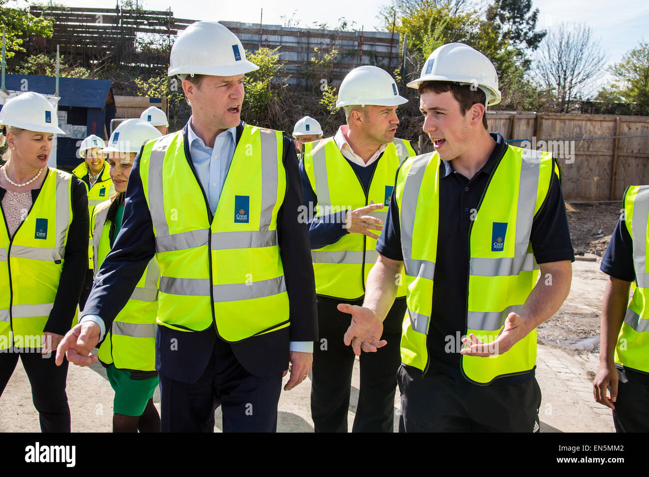 Bath, UK. 28th April, 2015. Nick Clegg visits a new housing development in Bath with local Liberal Democrat candidate Steve Bradley.  He talked to apprentices on the site.  He also met one year old local quadruple amputee Harmonie Rose whose family he is supporting in their campaign for a meningitis B vaccine.  Bath, UK. 28th April 2015. Credit:  Redorbital Photography/Alamy Live News Stock Photo