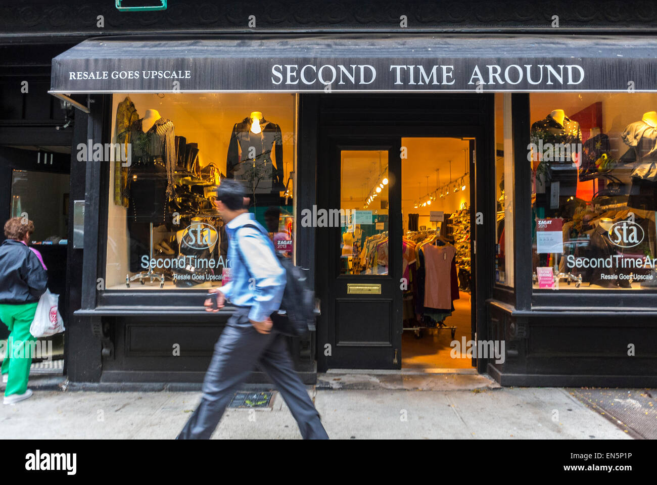 New York CIty, NY, USA, Man Walking, Vintage Clothing Store in Soho, Shop Front Window on Street 'Second Time Around' Stock Photo