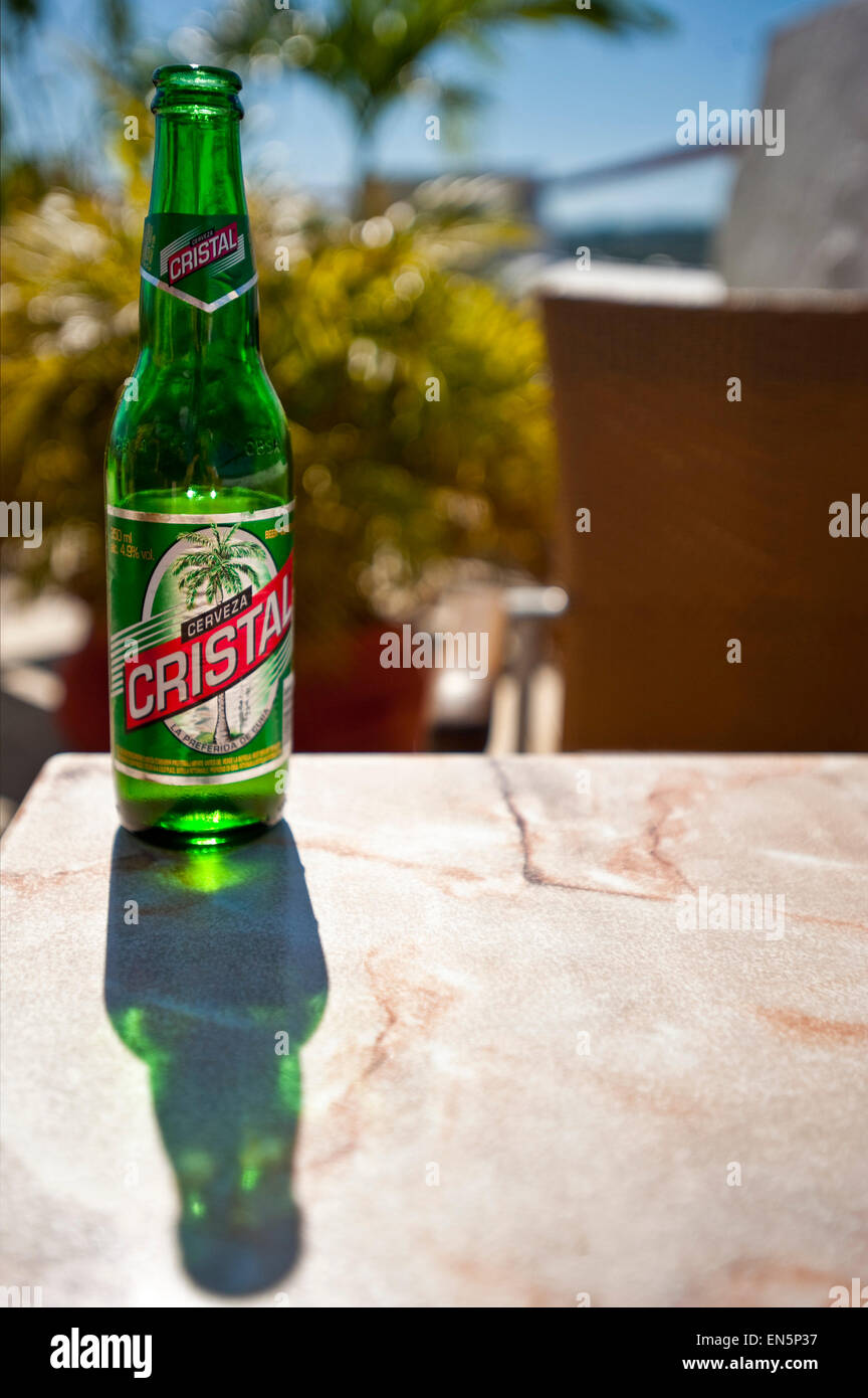 Vertical close up view of a bottle of Cristal beer. Stock Photo