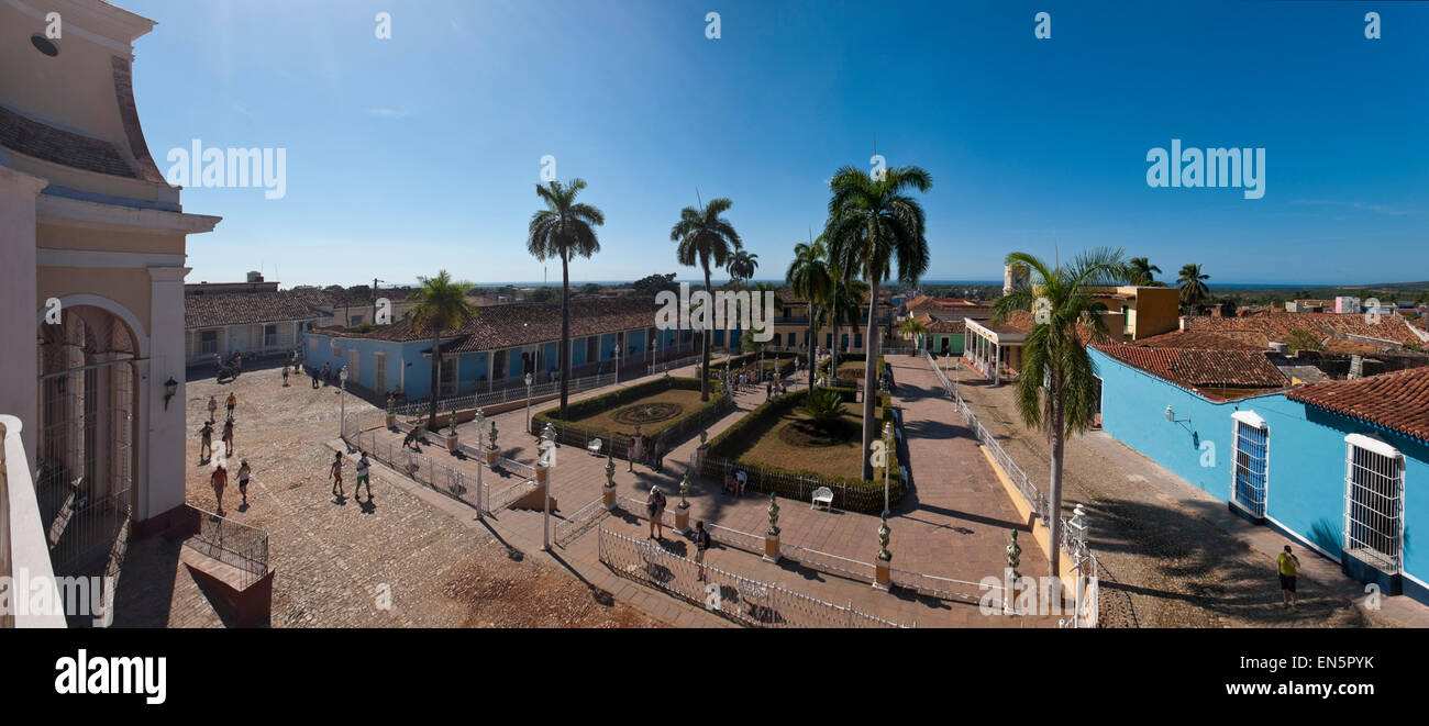 Horizontal panoramic (2 picture stitch) aerial view of Plaza Mayor in Trinidad, Cuba. Stock Photo