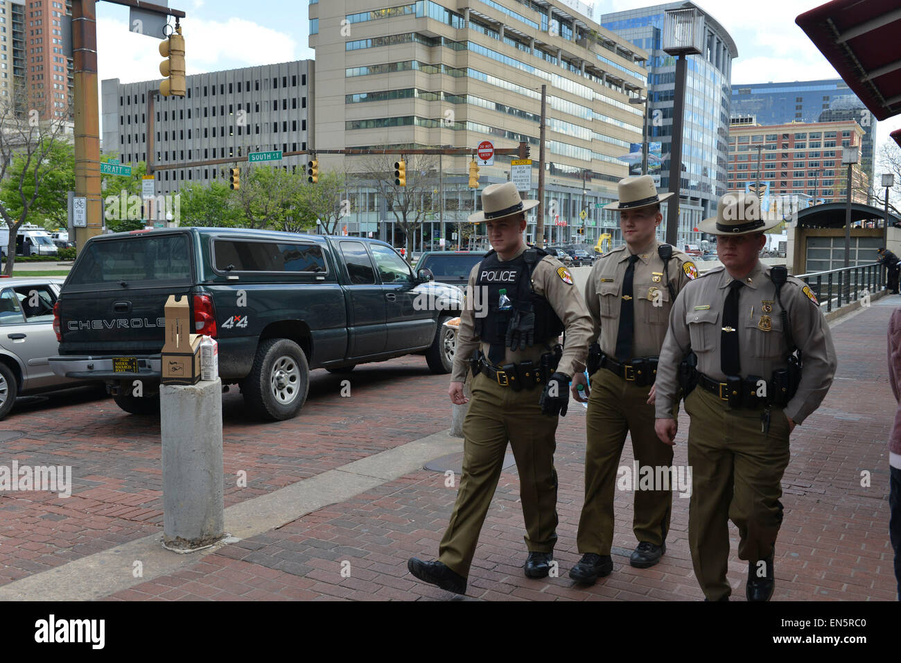 Baltimore, MD, Baltimore, Maryland, USA. 28th Apr, 2015. Maryland state troopers patrol Inner Habor, a popular Baltimore tourist area, following rioting. During a night of outrage sparked by the death of 25-year-old Freddie Gray in police custody, the city saw more than a dozen building fires, nearly 200 arrests, and 19 injured police officers. Credit:  Jay Mallin/ZUMA Wire/Alamy Live News Stock Photo