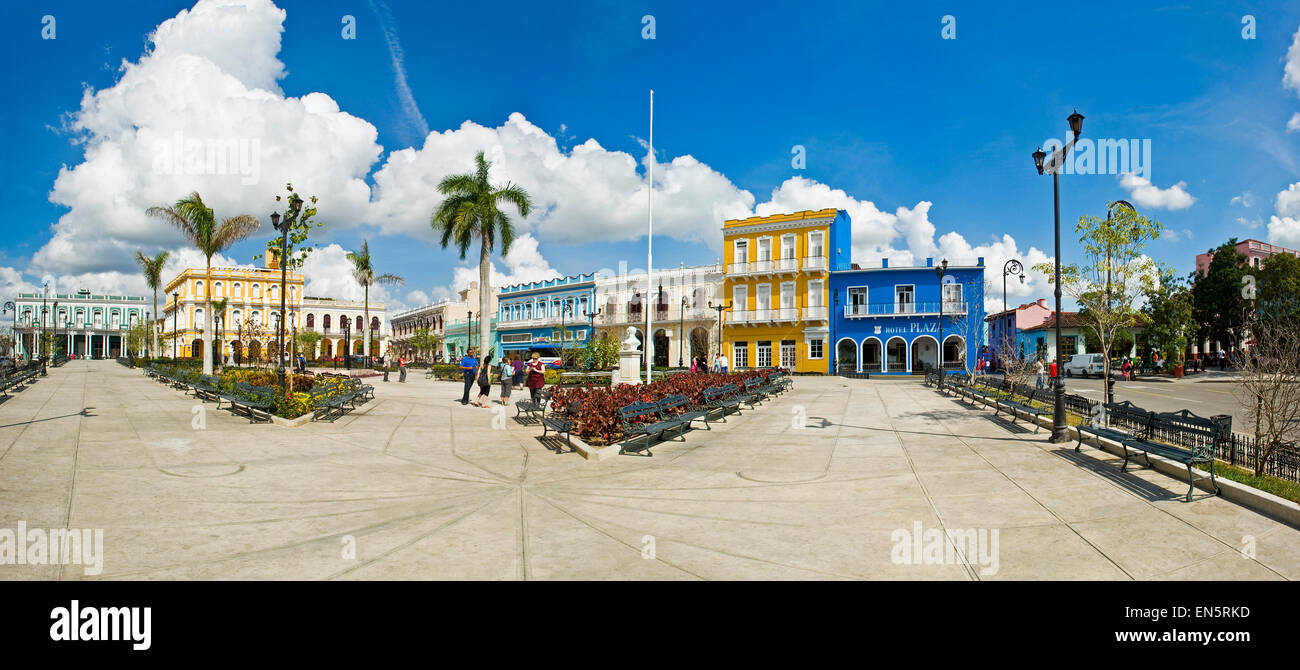Horizontal panoramic view of the main square in Sancti Spiritus, Cuba Stock Photo