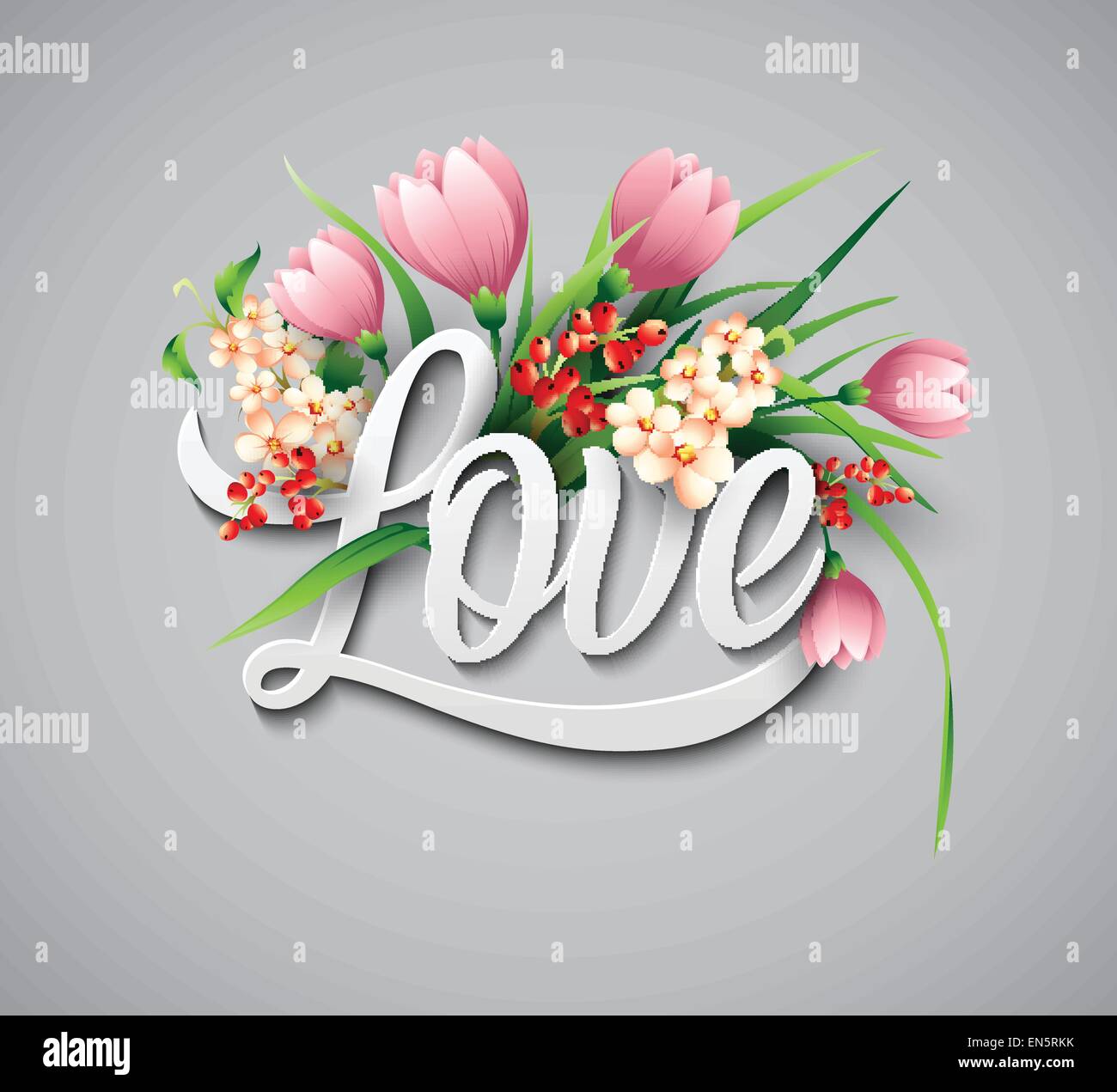 Word Love with flowers. Vector illustration EPS 10 Stock Vector Image