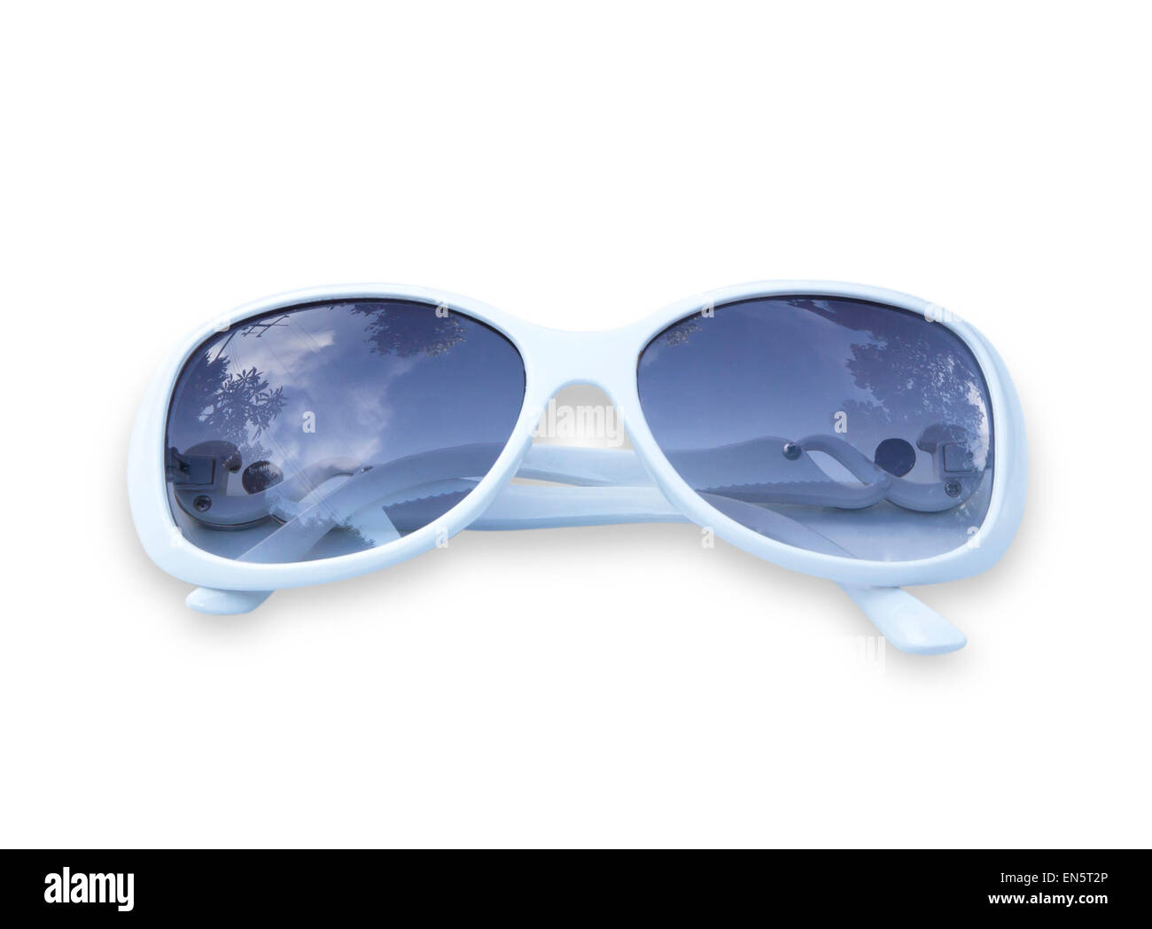 Old white sunglasses isolated on white background. Stock Photo