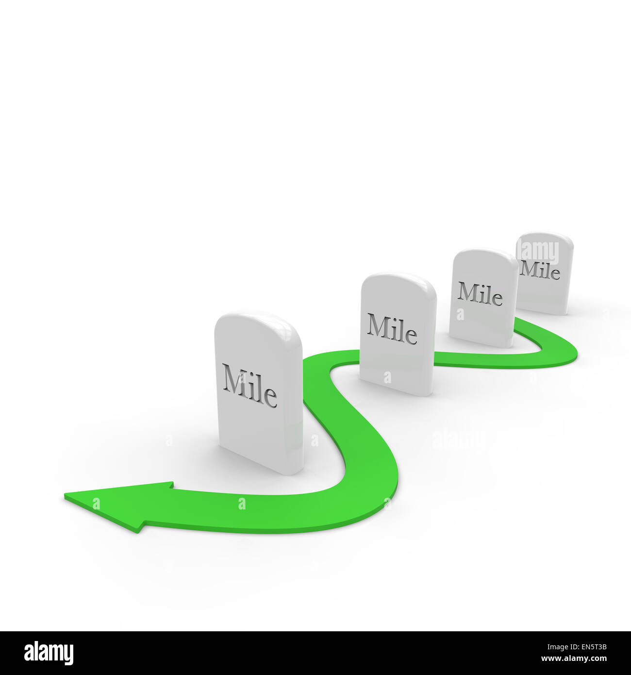 milestones with a green arrow weaving between them on a white background Stock Photo