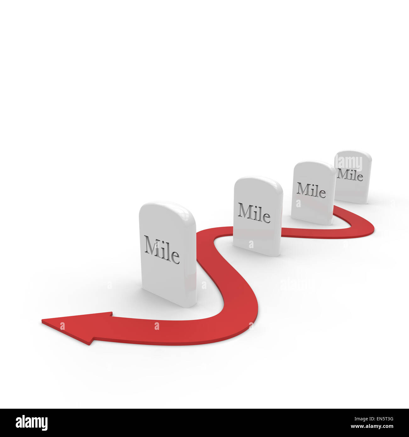 milestones with a red arrow weaving between them on a white background Stock Photo