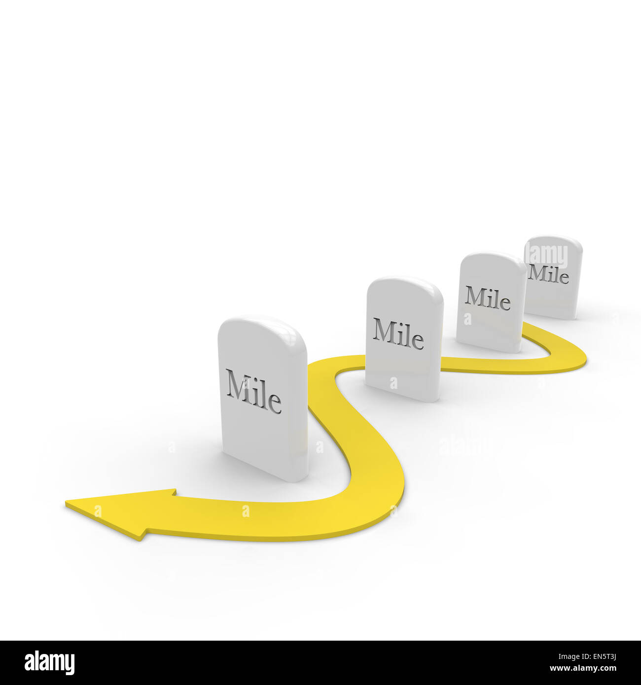 milestones with a yellow arrow weaving between them on a white background Stock Photo