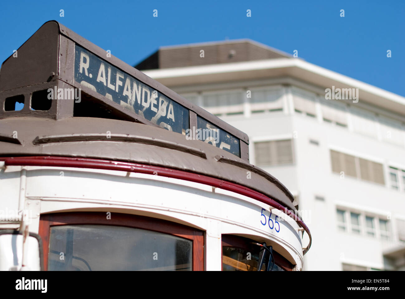 Close up of Tram in Lisbon with blue sky Stock Photo
