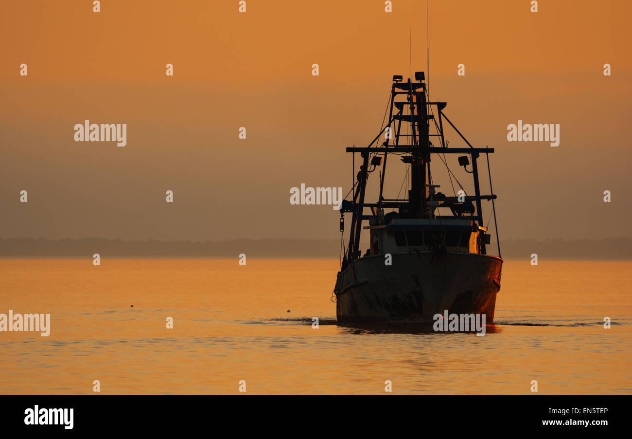 Silhouette of Shrimping and fishing boat coming in off Gulf of Mexico during sunset Stock Photo