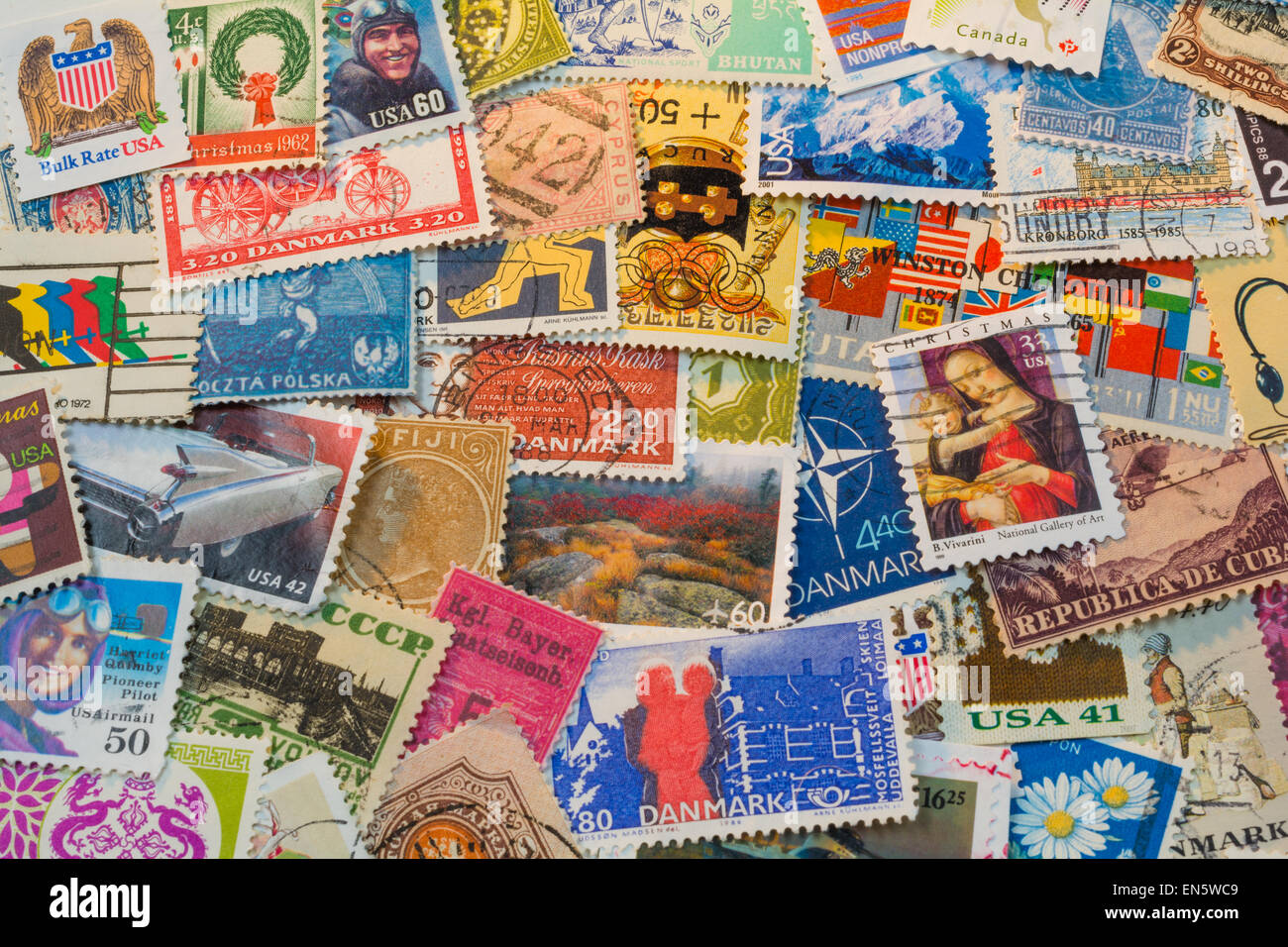 Stamp collection background Stock Photo
