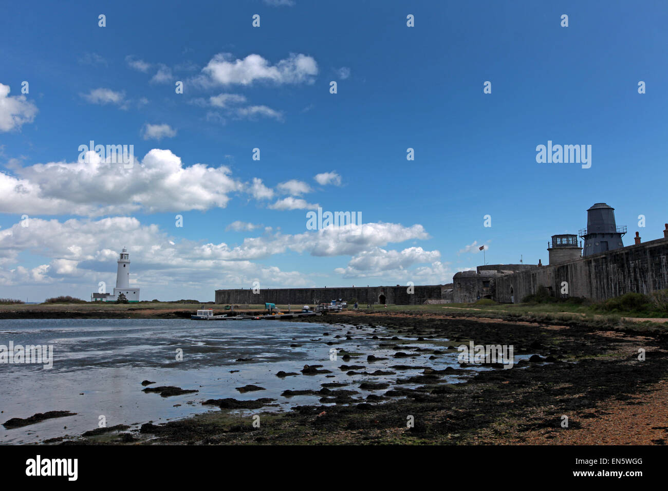 Hurst Castle and Hurst point Lighthouse at Hurst Spit near Keyhaven New Forest Hampshire UK Stock Photo