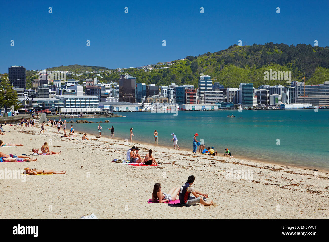 Summer day at the beach at Oriental Bay, Wellington, North Island, New Zealand Stock Photo