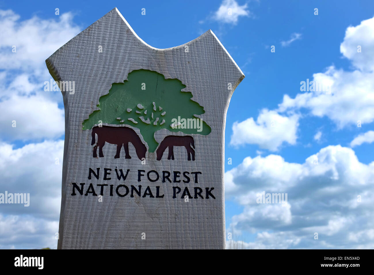 New Forest National Park sign against a blue cloudy sky Stock Photo
