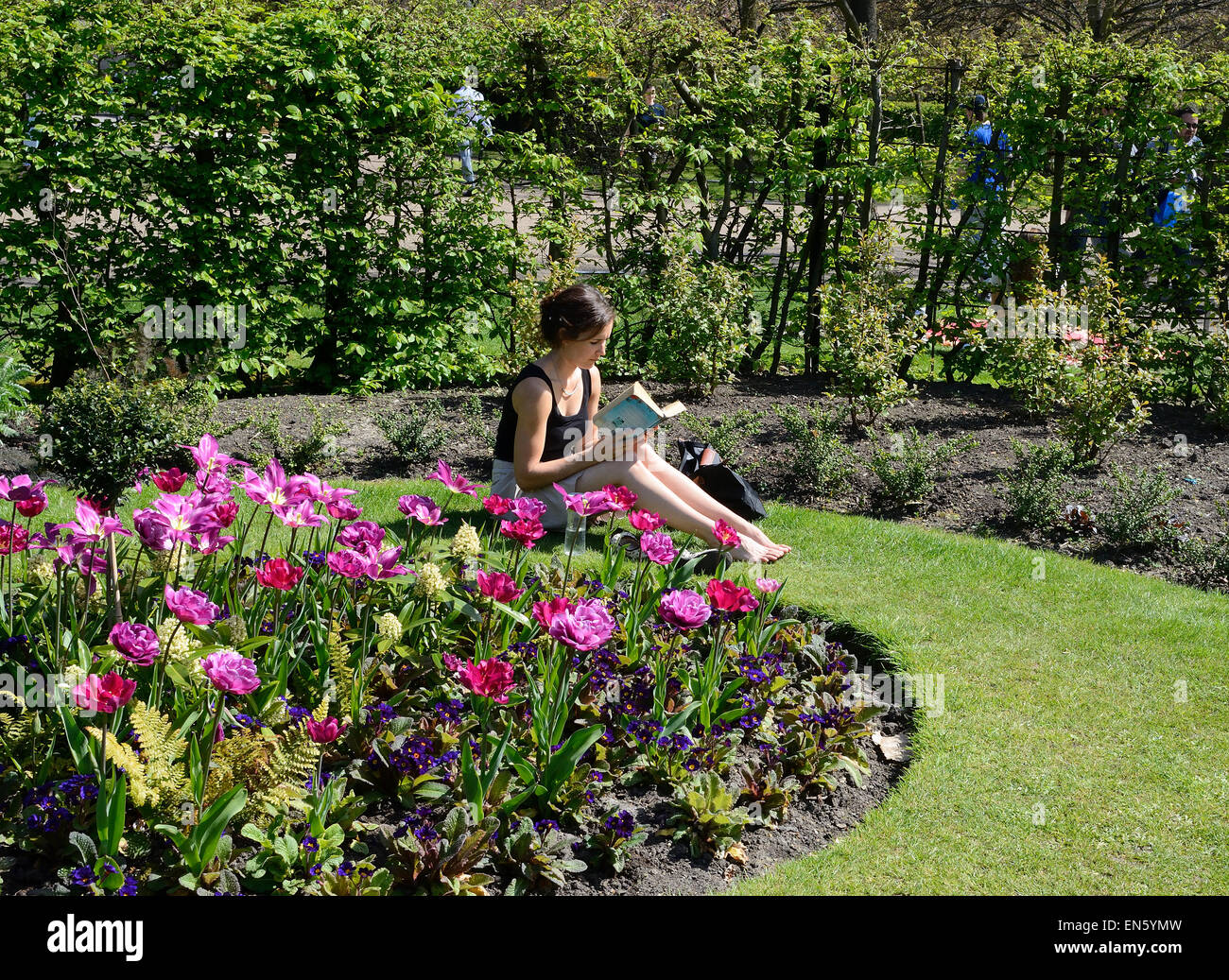 young woman sitting on grass & reading a book, Regents Park, London Stock Photo