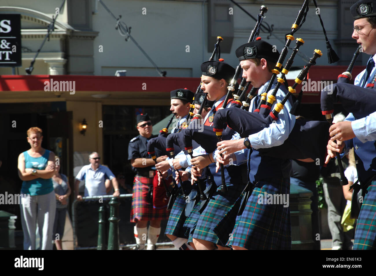 DUNEDIN, NEW ZEALAND, FEBRUARY 21, 2010: Schoolgirls perform in the Dunedin Pipe Band competition Stock Photo