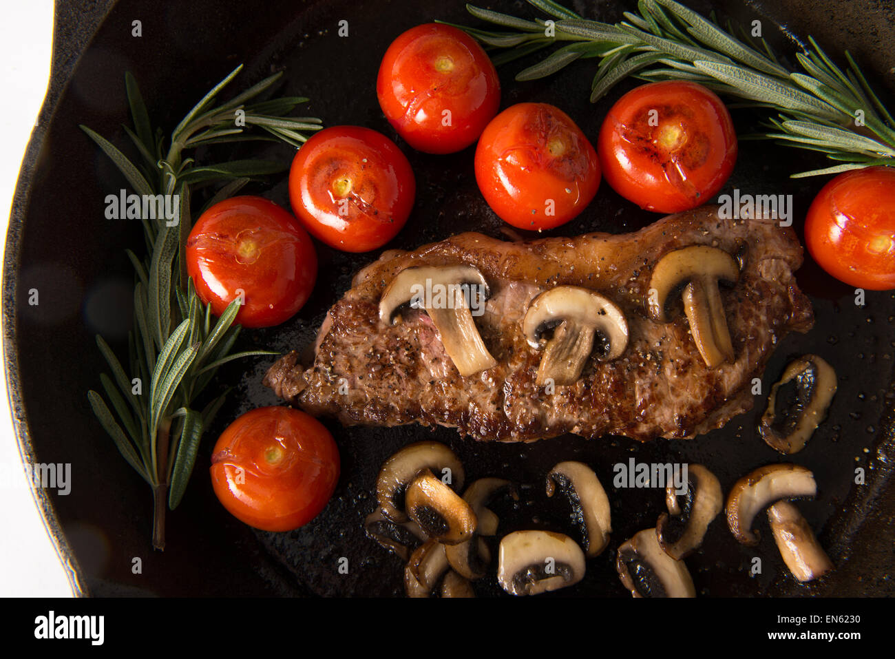 Grilling Strip Loin Steak in Cast Iron Frying Pan Steak is cooked and