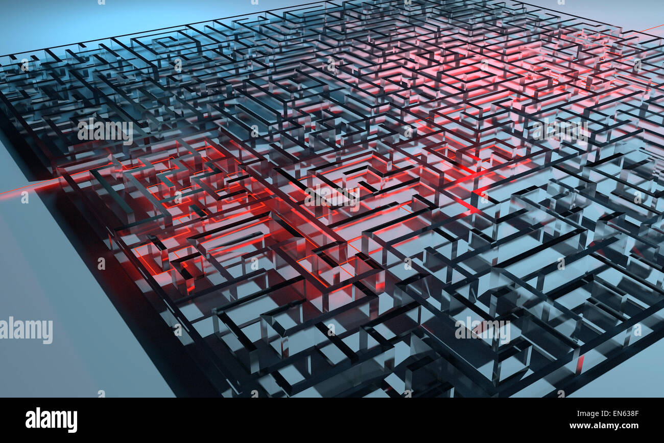 Labyrinth with red illuminated way through in blue ambiance Stock Photo ...