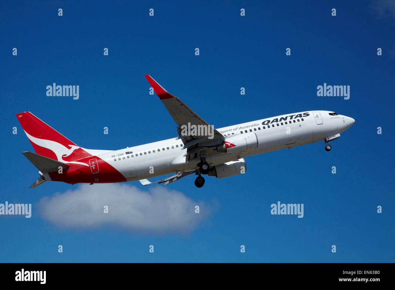 Qantas Boeing 737-800 taking off from Wellington International Airport, Wellington, North Island, New Zealand Stock Photo