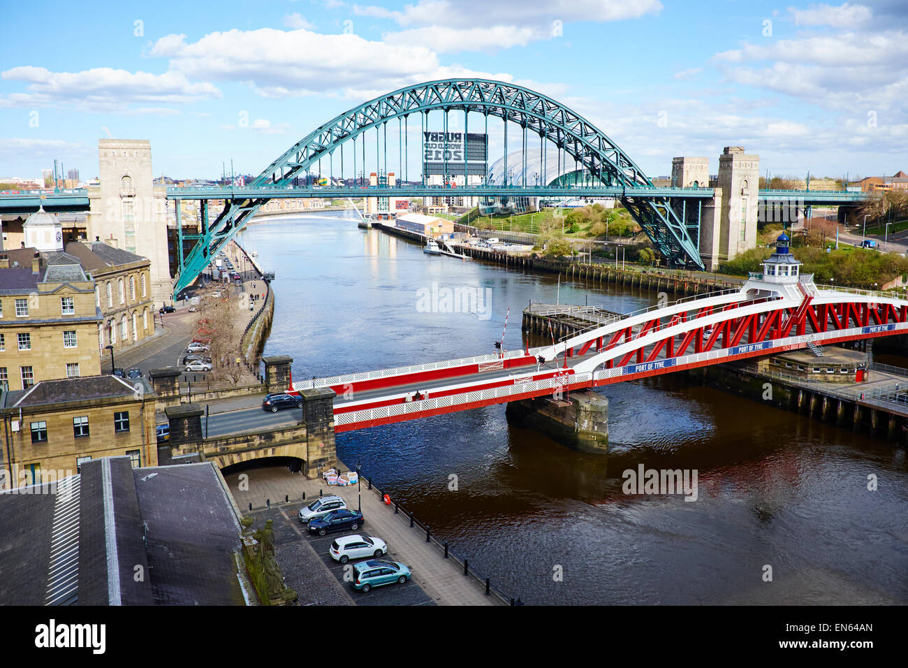 River Tyne From The High Level Bridge In The Foreground Is The Swing Bridge, The Tyne Bridge At The Rear Newcastle Upon Tyne UK Stock Photo