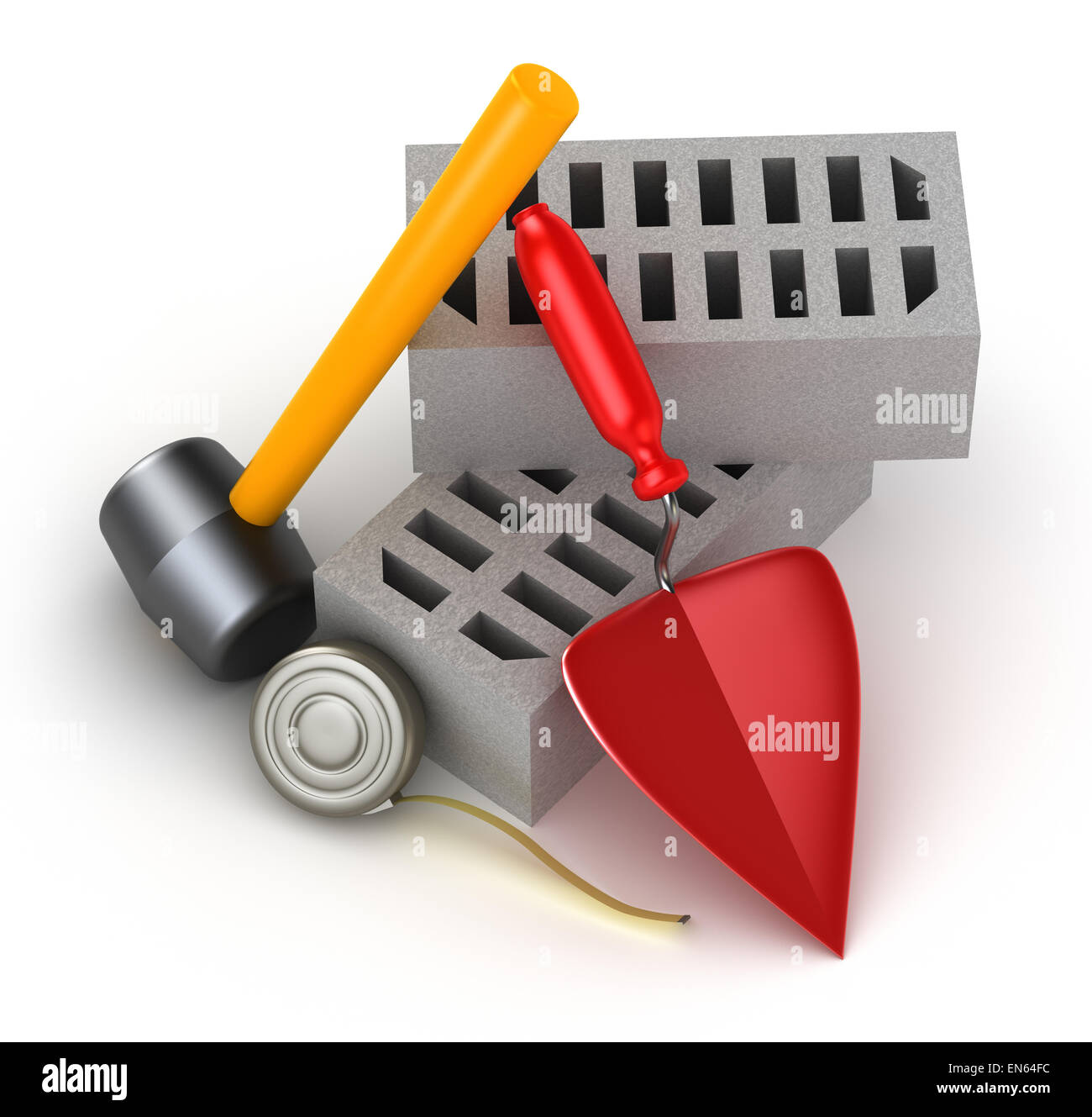 Building tools hammer trowel and brick. Isolated on white Stock Photo