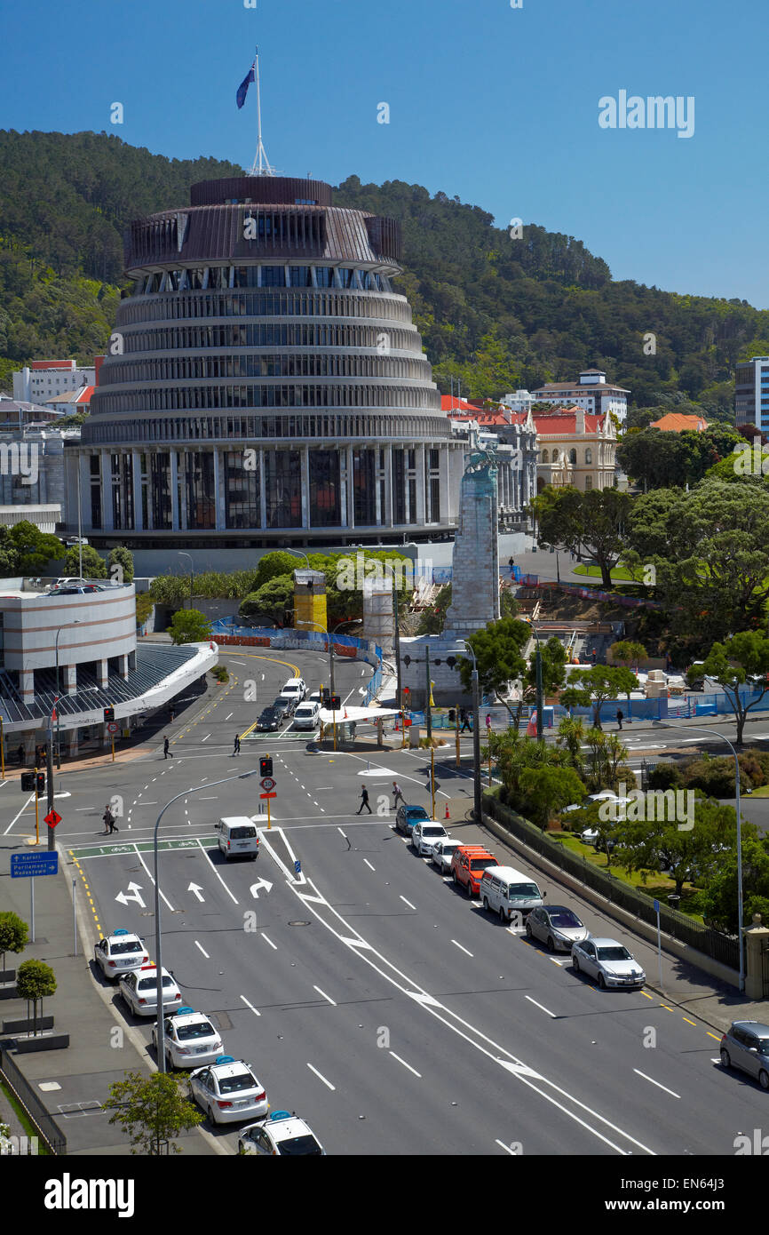 The Beehive, Parliament Buildings, and Whitmore Street, Wellington, North Island, New Zealand Stock Photo