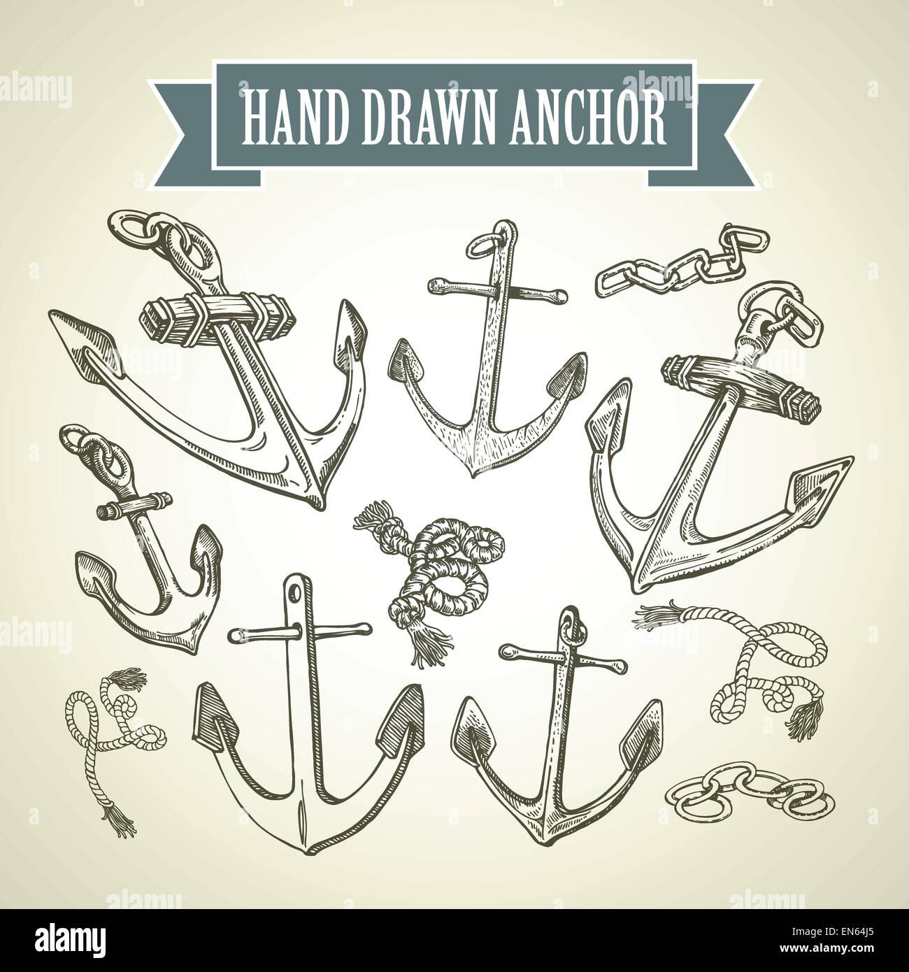 Sketch Hand drawn anchor. Set of vector illustrations Stock Vector