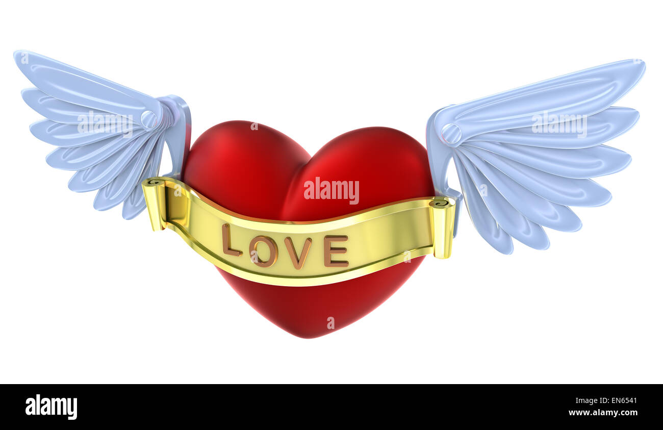 Flying 3D love red heart. Isolated on white. Stock Photo