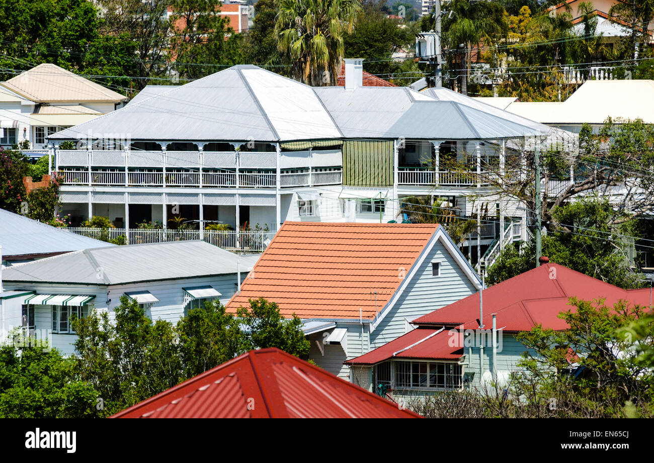 Queenslander houses, a style typical of older suburbs of Brisbane and across Queensland, Australia. Wooden homes; traditional Australian architecture Stock Photo