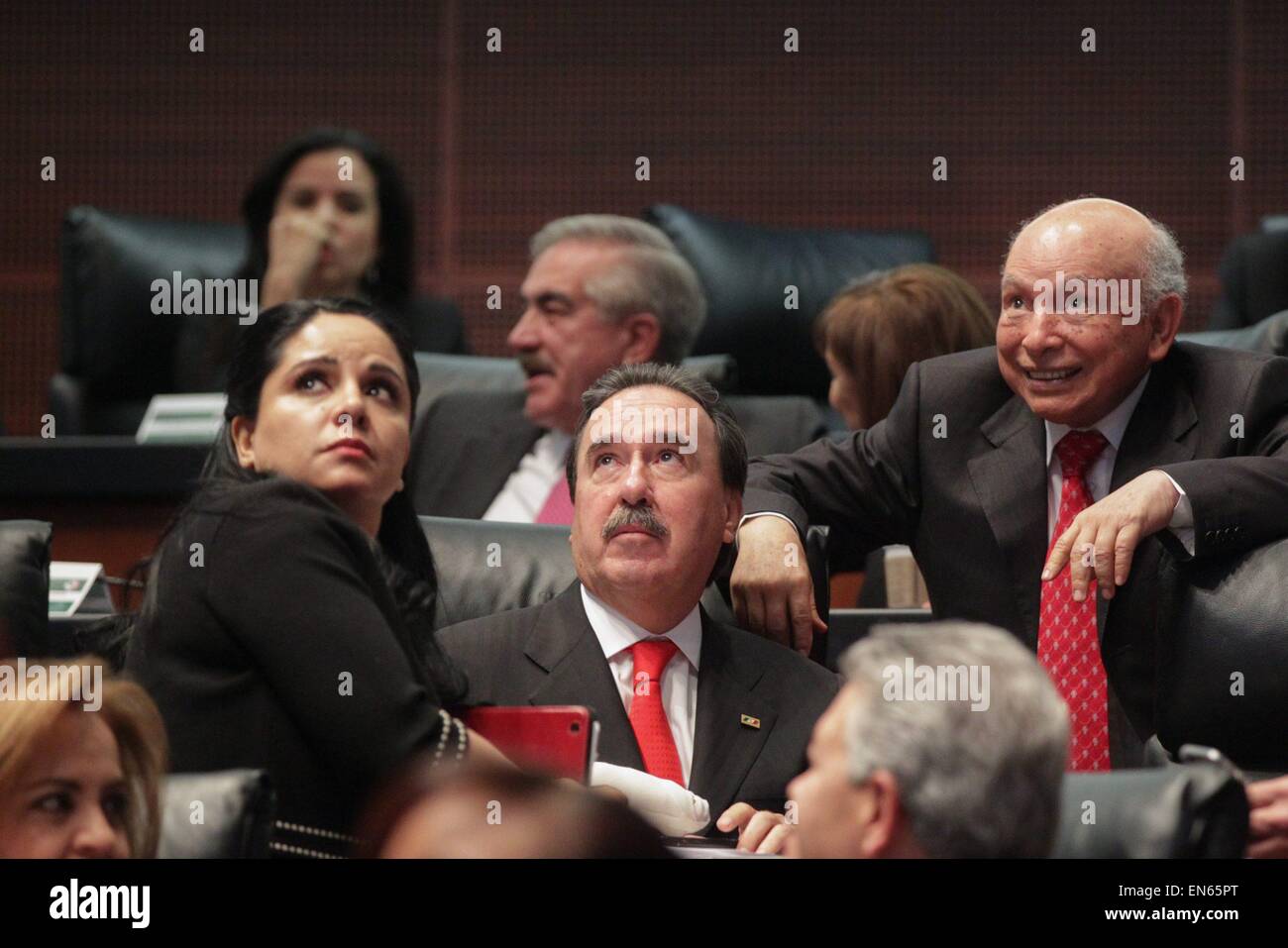 Mexico City, Mexico. 28th Apr, 2015. The senator of the Institutional Revolutionary Party Emilio Gamboa Patron (C) reacts during the vote of the political reform of the Federal District at the headquarters of the Republic's Senate, in Mexico City, capital of Mexico, on April 28, 2015. According to local press, the Senate approved the political reform of the Federal District, which among its most important highlights is that Mexico City will be provided with a local Congress and its own Constitution. Credit:  NOTIMEX/Xinhua/Alamy Live News Stock Photo