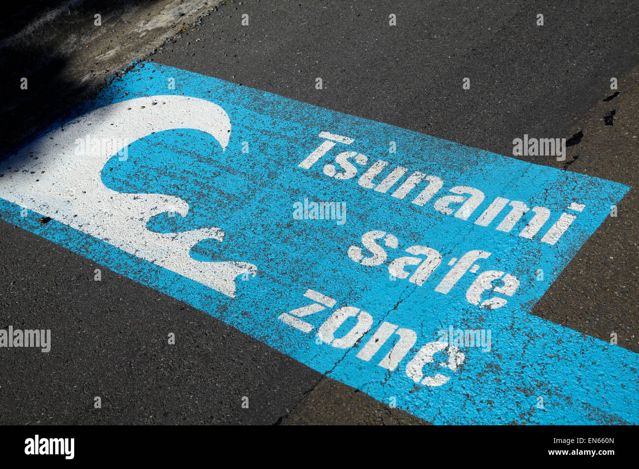 Tsunami safe zone sign, Wellington, North Island, New Zealand Stock Photo