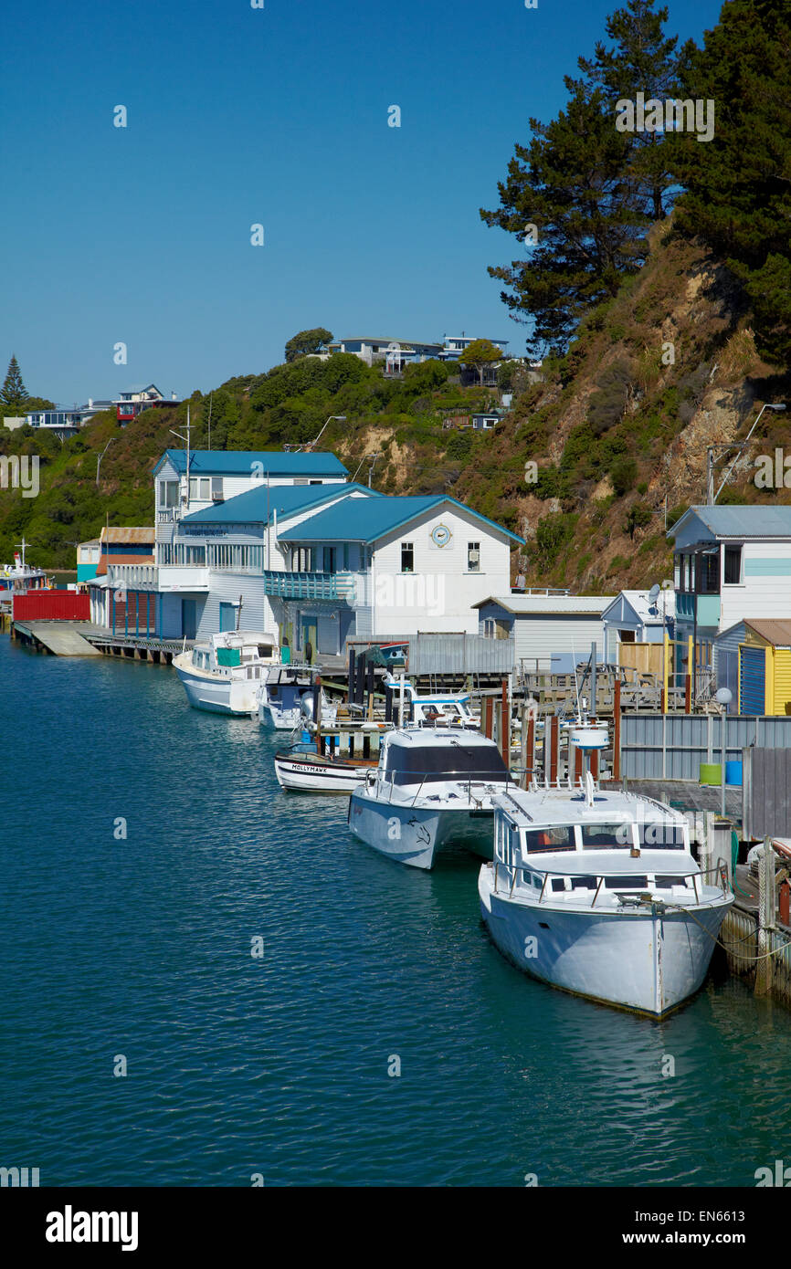 Mana boatsheds, Porirua Harbour, Wellington, North Island, New Zealand Stock Photo