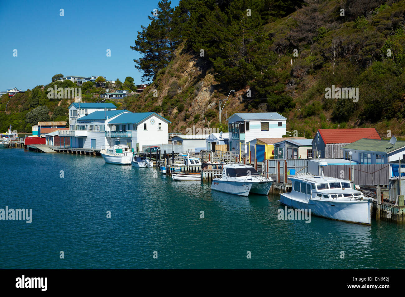 Mana boatsheds, Porirua Harbour, Wellington, North Island, New Zealand Stock Photo