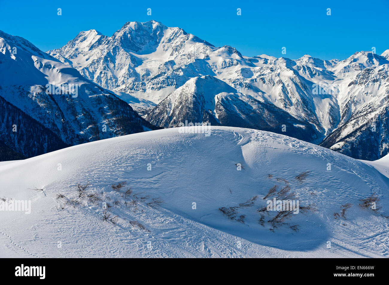 View from Bettmeralp to the Fletschhorn peak, Bettmeralp, Valais, Switzerland Stock Photo
