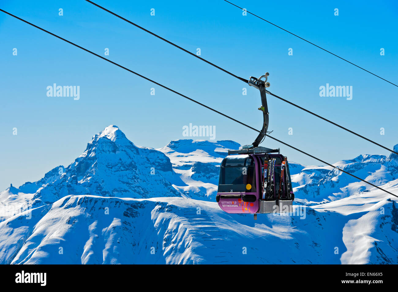 Bettmerhorn cable car, peak Helsenhorn behind, skiing area Aletscharena, Bettmeralp, Valais, Switzerland Stock Photo
