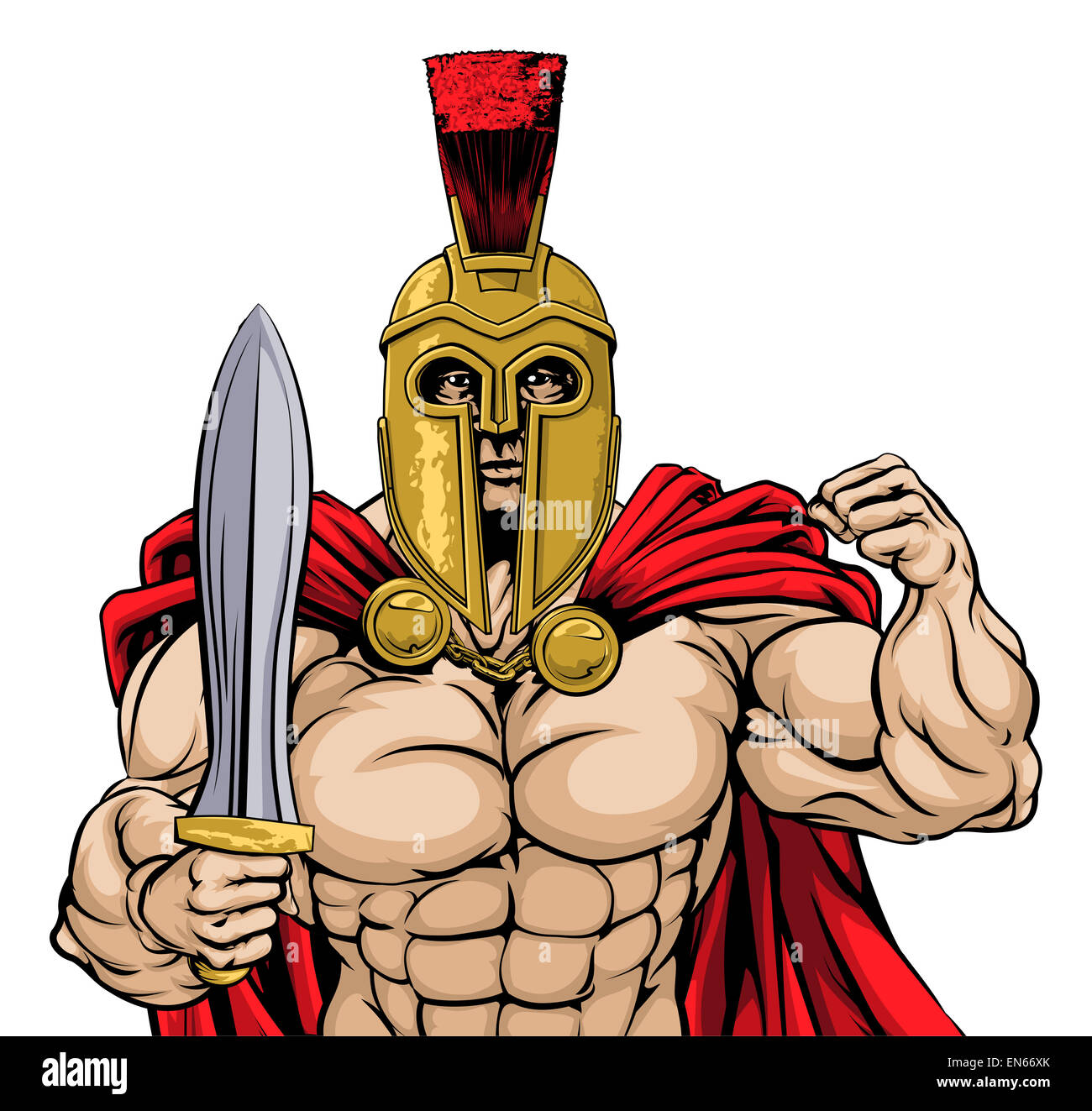 An illustration of a tough mean looking gladiator, ancient Greek, Trojan or Roman warrior or gladiator wearing a helmet and hold Stock Photo