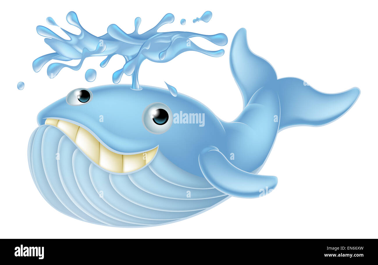 An illustration of a happy cute cartoon blue whale spouting water from its blow hole Stock Photo