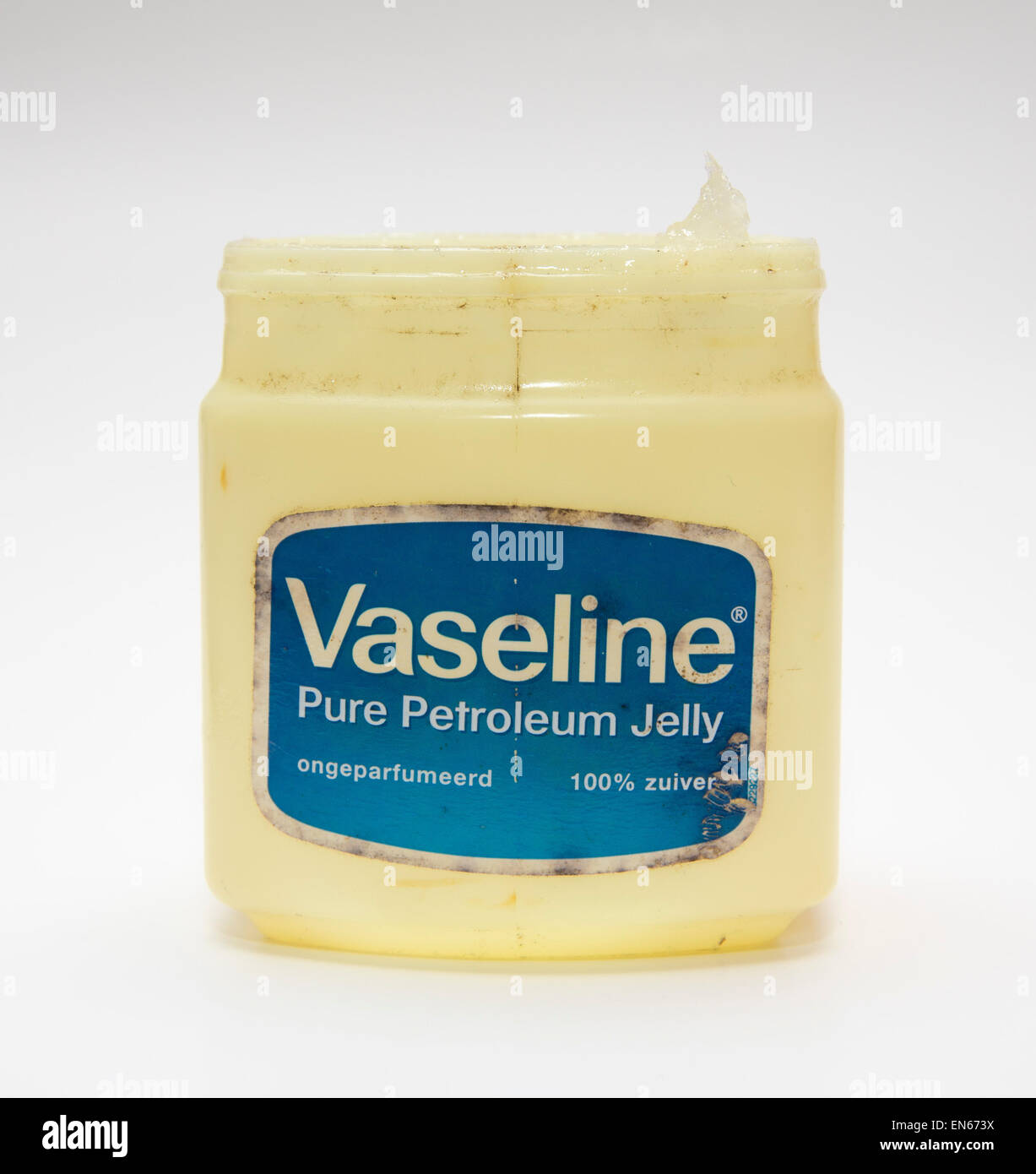 Tub of Vaseline petroleum jelly, isolated on white background. Stock Photo